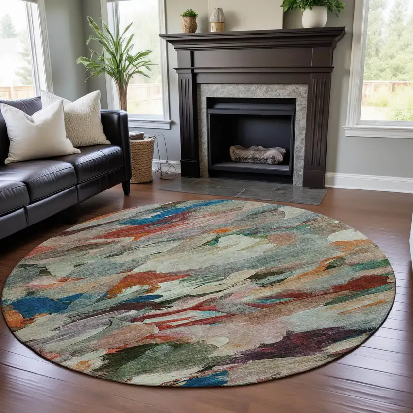 8' Green Orange And Teal Abstract Washable Round Rug With UV Protection Photo 4