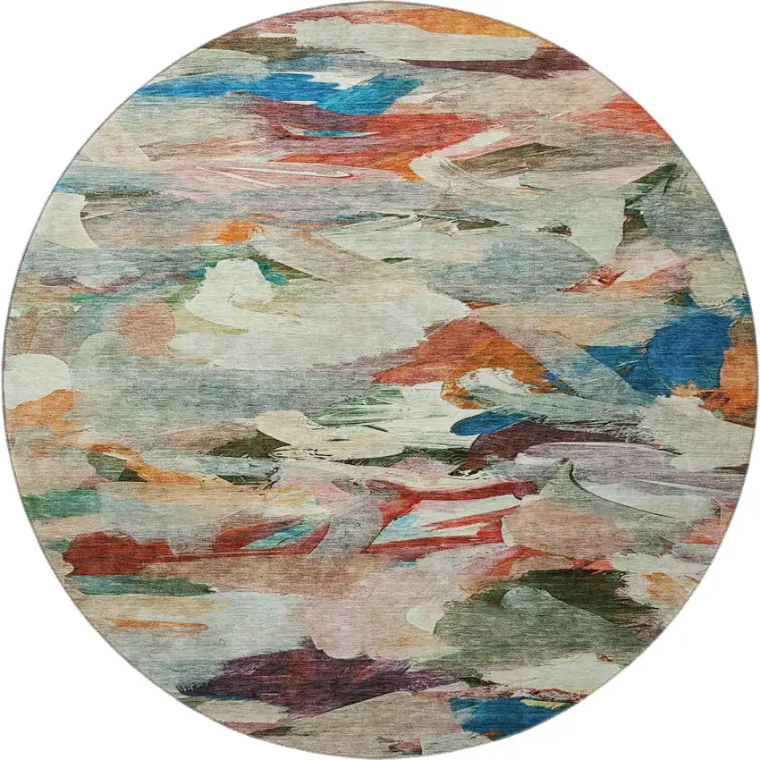 8' Green Orange And Teal Abstract Washable Round Rug With UV Protection Photo 3
