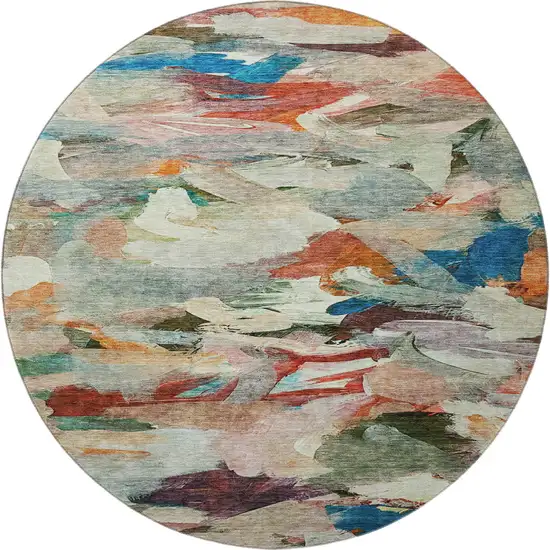 8' Green Orange And Teal Abstract Washable Round Rug With UV Protection Photo 3