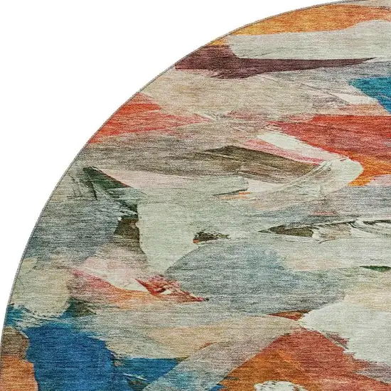 8' Green Orange And Teal Abstract Washable Round Rug With UV Protection Photo 2
