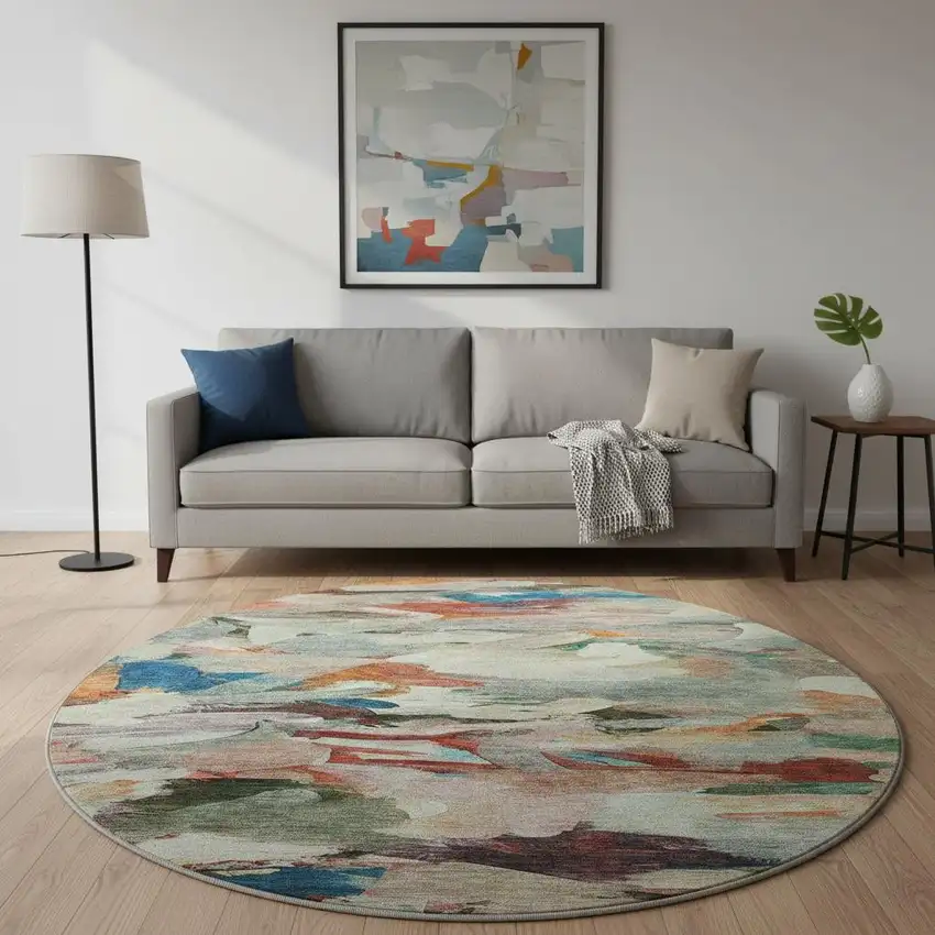 8' Green Orange And Teal Abstract Washable Round Rug With UV Protection Photo 2