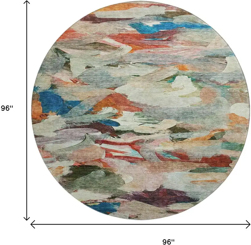 8' Green Orange And Teal Abstract Washable Round Rug With UV Protection Photo 9