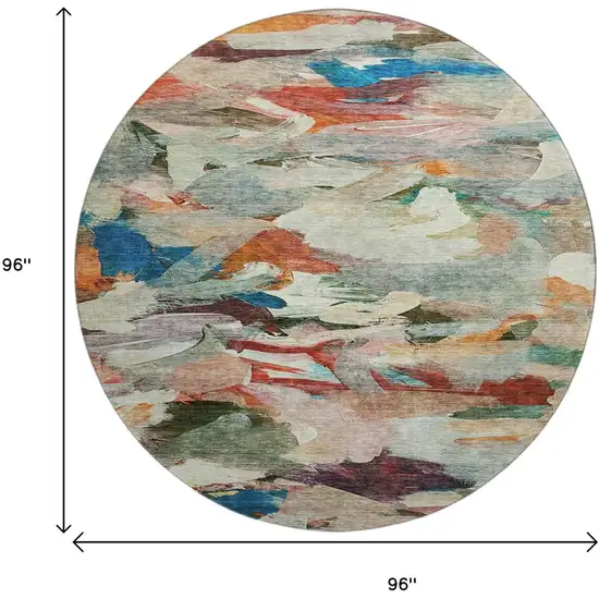 8' Green Orange And Teal Abstract Washable Round Rug With UV Protection Photo 9