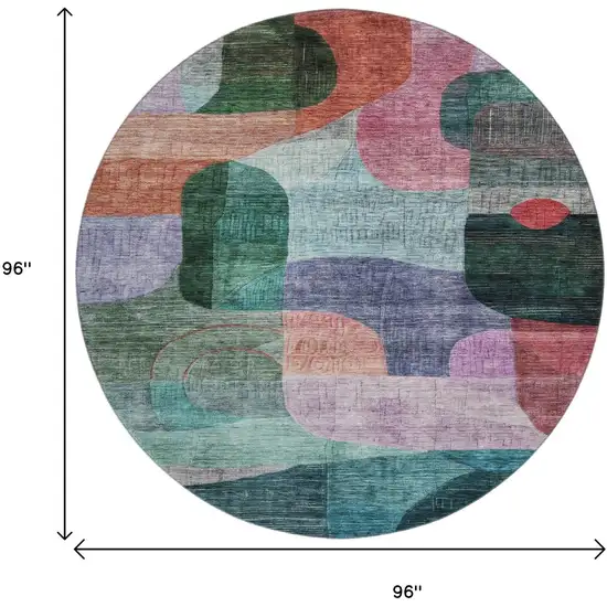 8' Green Orange Purple And Teal Abstract Geometric Washable Round Rug With UV Protection Photo 9
