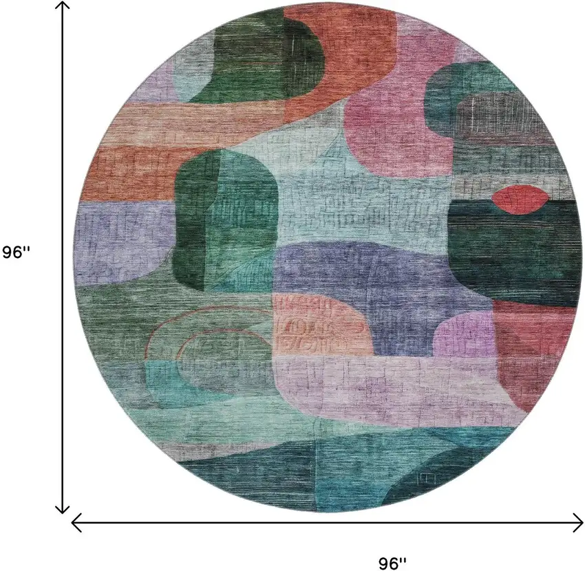8' Green Orange Purple And Teal Abstract Geometric Washable Round Rug With UV Protection Photo 9
