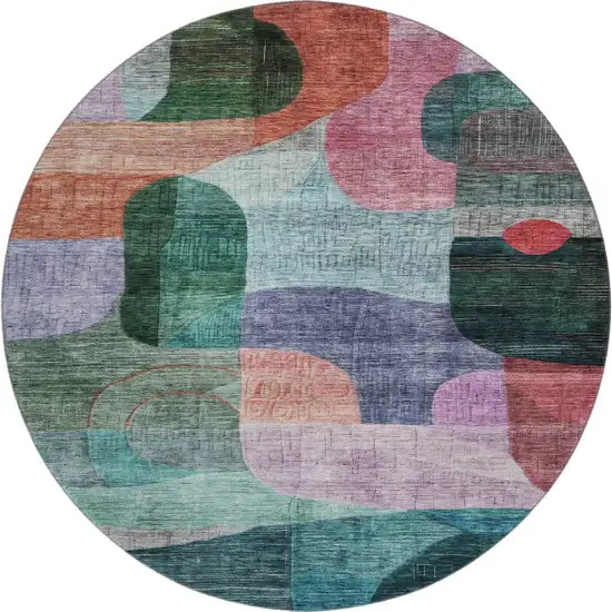 8' Green Orange Purple And Teal Abstract Geometric Washable Round Rug With UV Protection Photo 1