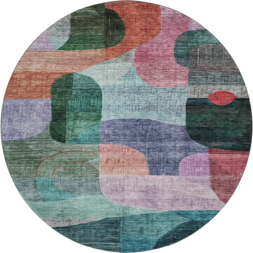 8' Green Orange Purple And Teal Abstract Geometric Washable Round Rug With UV Protection Photo 1