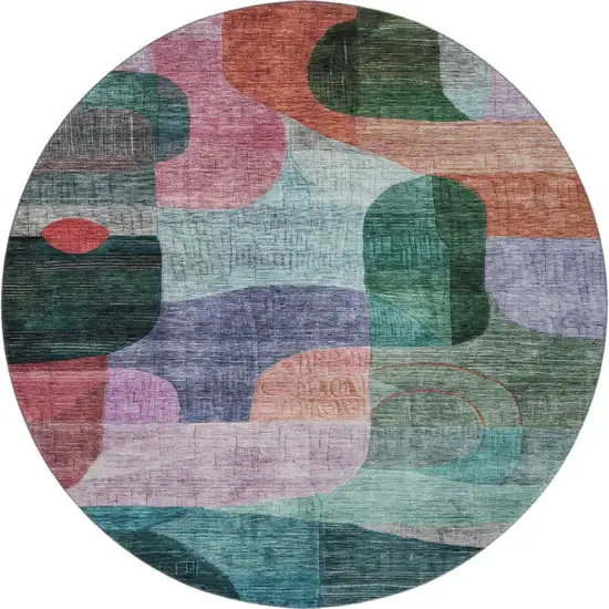 8' Green Orange Purple And Teal Abstract Geometric Washable Round Rug With UV Protection Photo 3