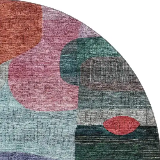 8' Green Orange Purple And Teal Abstract Geometric Washable Round Rug With UV Protection Photo 2