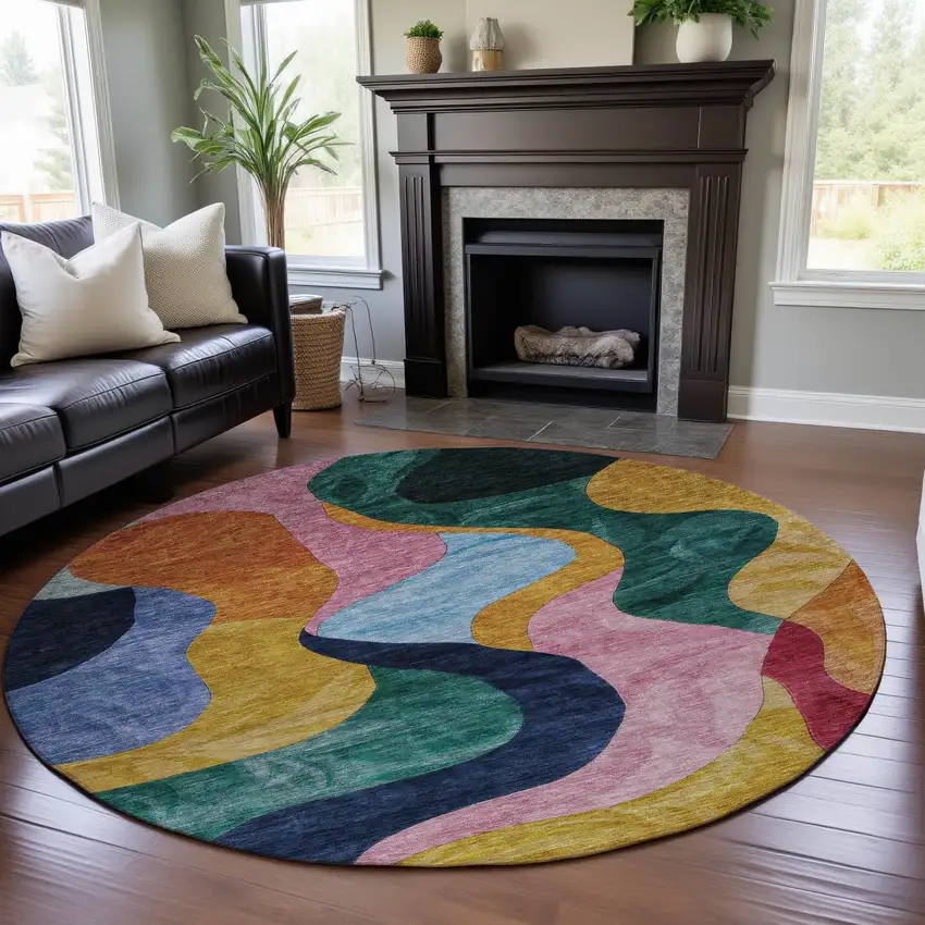 8' Green Orange Teal And Pink Abstract Washable Round Rug With UV Protection Photo 4