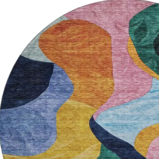 8' Green Orange Teal And Pink Abstract Washable Round Rug With UV Protection Photo 3