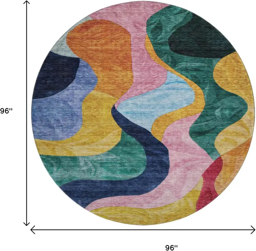 8' Green Orange Teal And Pink Abstract Washable Round Rug With UV Protection Photo 9