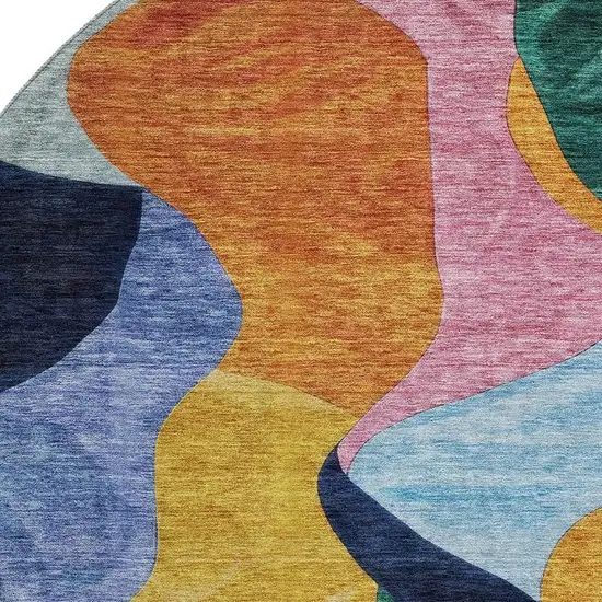 8' Green Orange Teal And Pink Abstract Washable Round Rug With UV Protection Photo 2