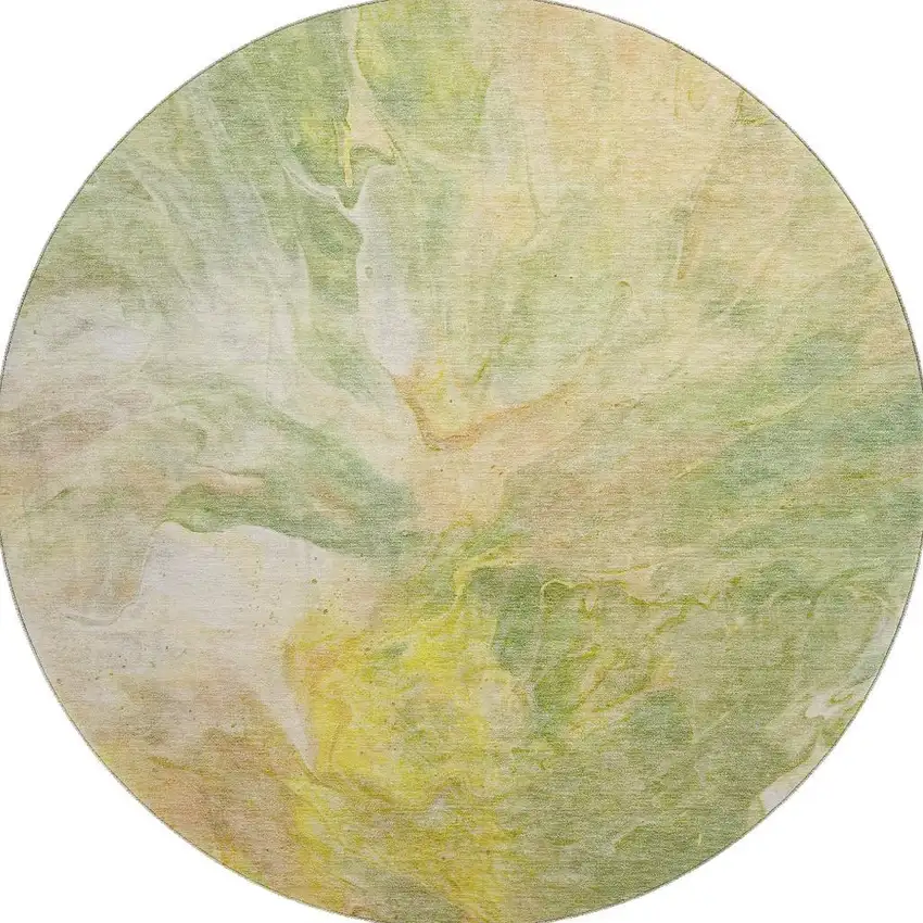 8' Green Peach And Yellow Abstract Washable Round Rug With UV Protection Photo 4