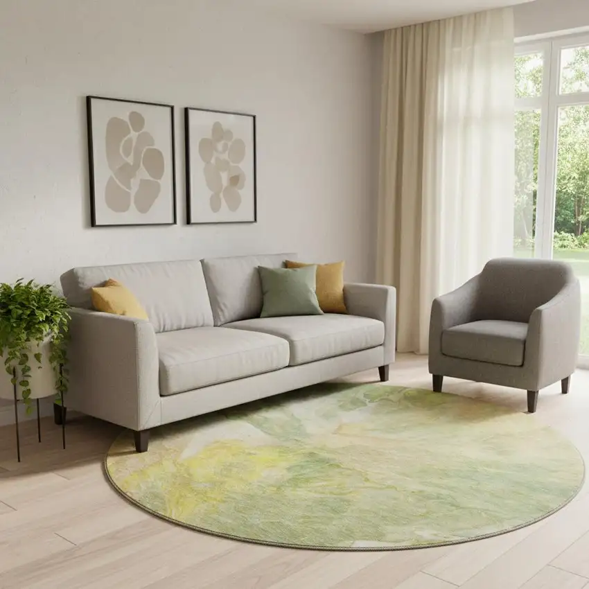 8' Green Peach And Yellow Abstract Washable Round Rug With UV Protection Photo 2