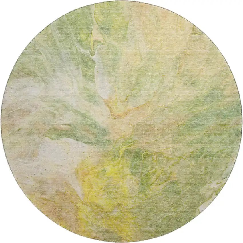 8' Green Peach And Yellow Abstract Washable Round Rug With UV Protection Photo 1