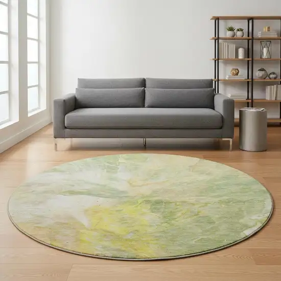 8' Green Peach And Yellow Abstract Washable Round Rug With UV Protection Photo 2