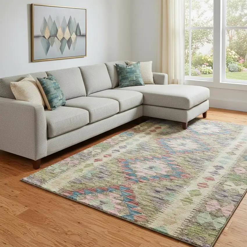 8' Green Pink And Blue Geometric Washable Area Rug With UV Protection Photo 2