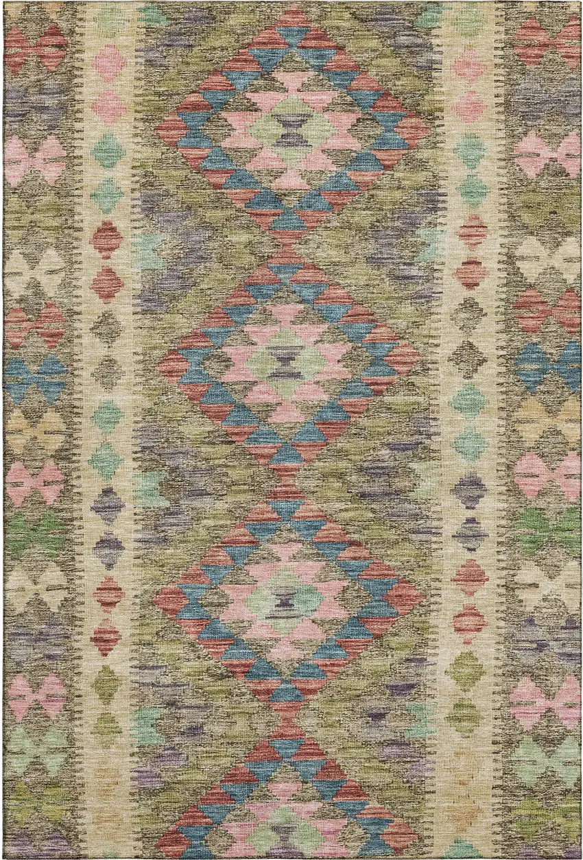 8' Green Pink And Blue Geometric Washable Area Rug With UV Protection Photo 1