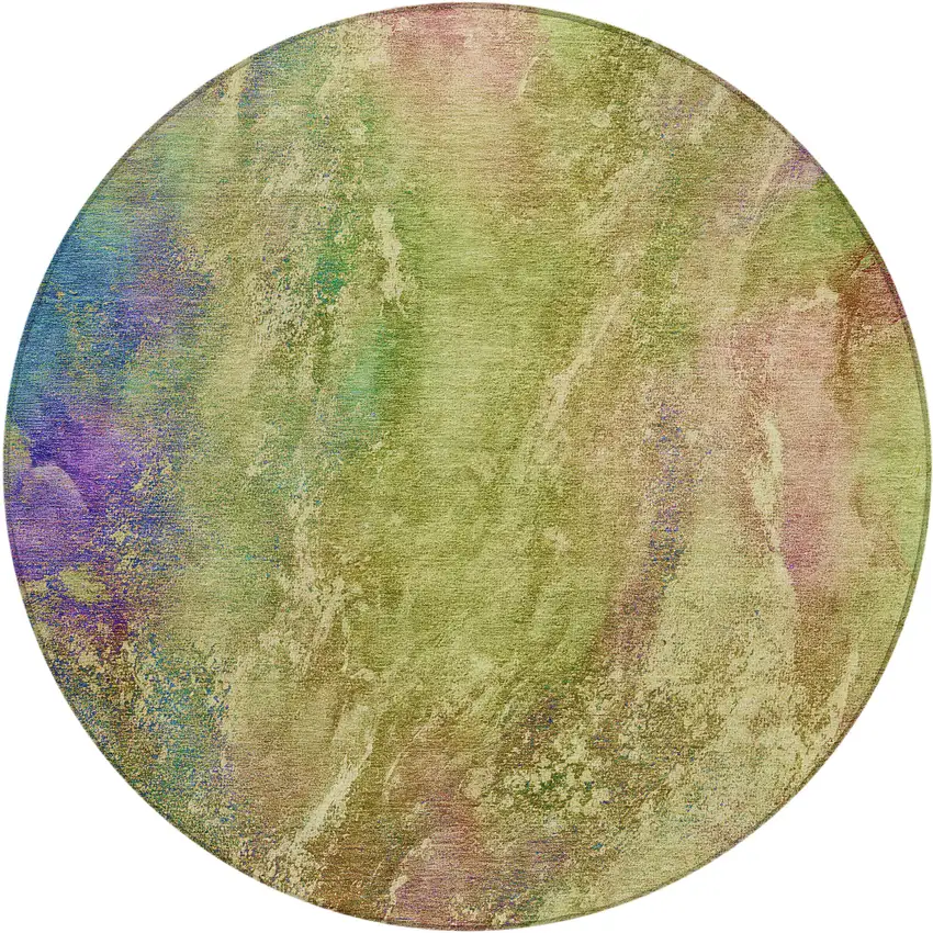 8' Green Pink And Blue Round Abstract Washable Indoor Outdoor Area Rug Photo 2