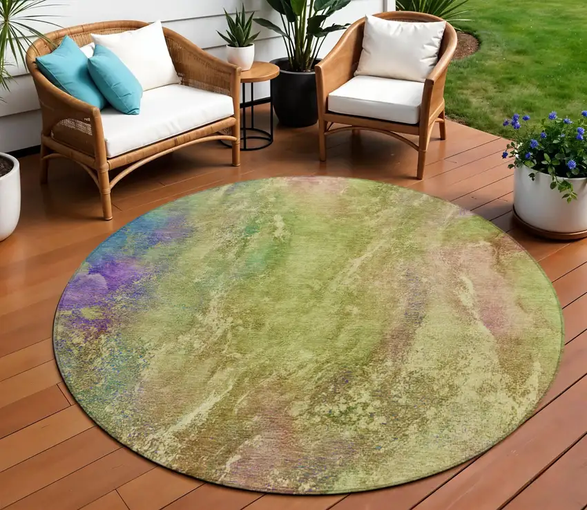 8' Green Pink And Blue Round Abstract Washable Indoor Outdoor Area Rug Photo 1