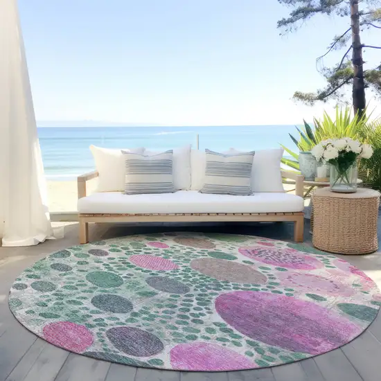 8' Green Pink And Mauve Round Geometric Washable Indoor Outdoor Area Rug Photo 5