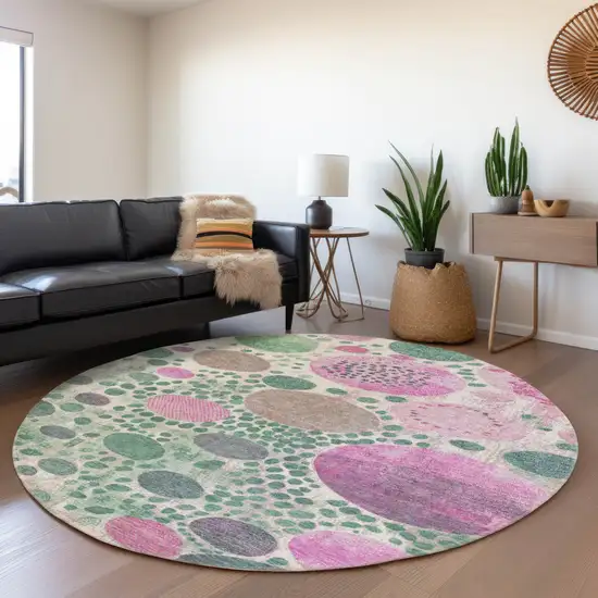 8' Green Pink And Mauve Round Geometric Washable Indoor Outdoor Area Rug Photo 6