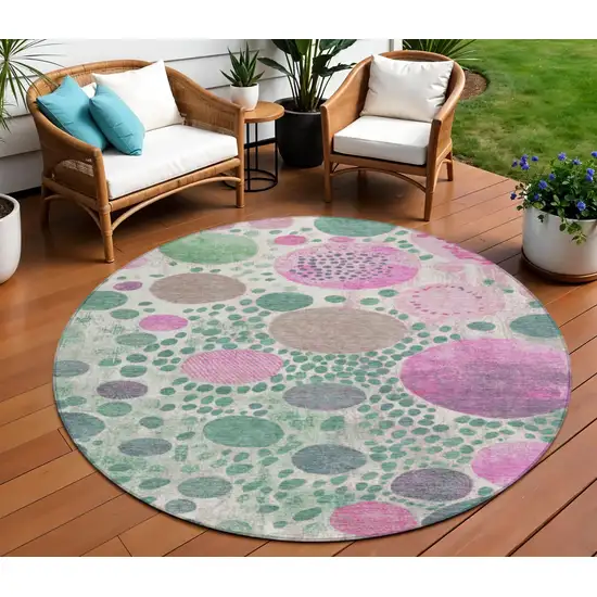 8' Green Pink And Mauve Round Geometric Washable Indoor Outdoor Area Rug Photo 2