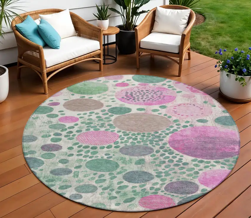 8' Green Pink And Mauve Round Geometric Washable Indoor Outdoor Area Rug Photo 2