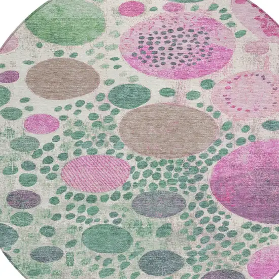 8' Green Pink And Mauve Round Geometric Washable Indoor Outdoor Area Rug Photo 8