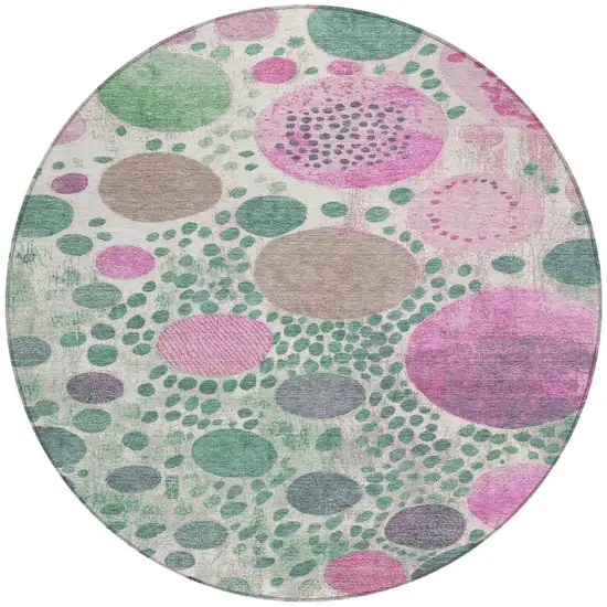 8' Green Pink And Mauve Round Geometric Washable Indoor Outdoor Area Rug Photo 3