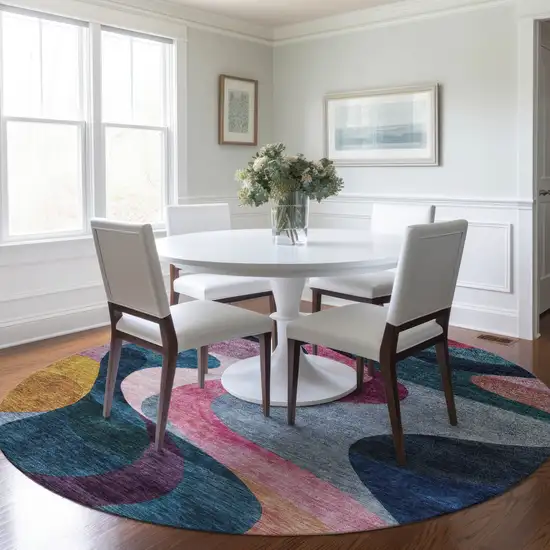 8' Green Pink And Teal Blue Round Abstract Washable Indoor Outdoor Area Rug Photo 9