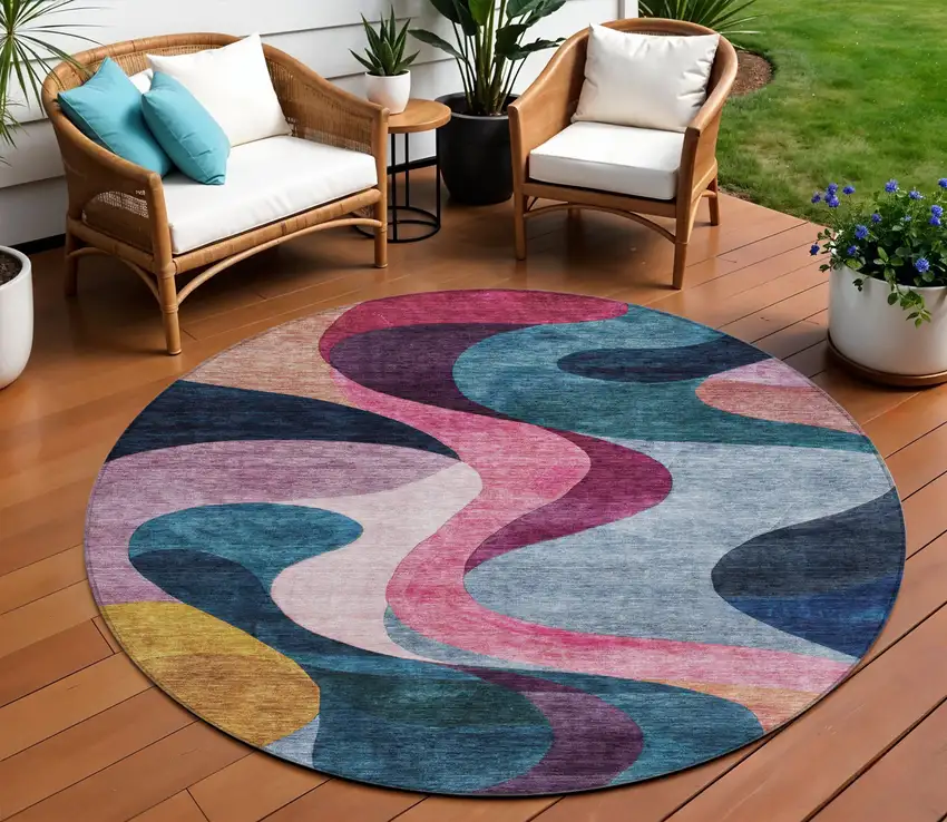 8' Green Pink And Teal Blue Round Abstract Washable Indoor Outdoor Area Rug Photo 1