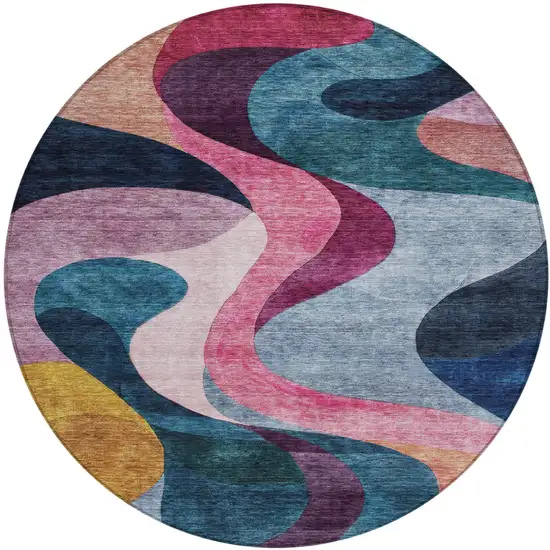 8' Green Pink And Teal Blue Round Abstract Washable Indoor Outdoor Area Rug Photo 2
