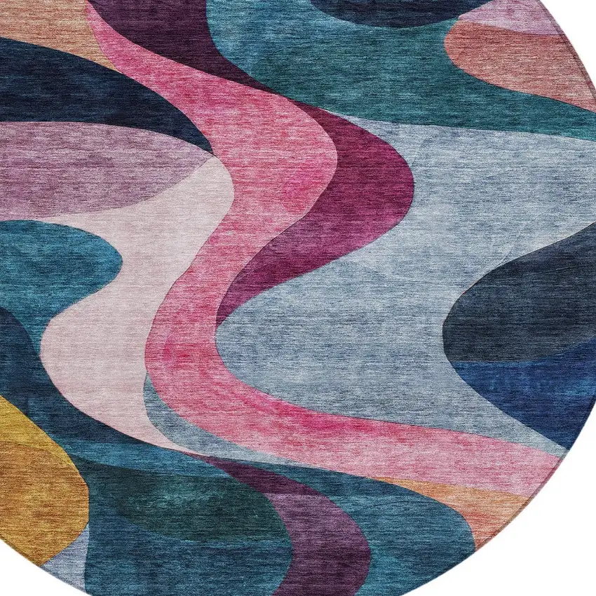 8' Green Pink And Teal Blue Round Abstract Washable Indoor Outdoor Area Rug Photo 6