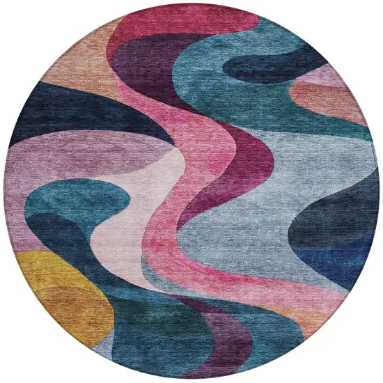 8' Green Pink And Teal Blue Round Abstract Washable Indoor Outdoor Area Rug Photo 7