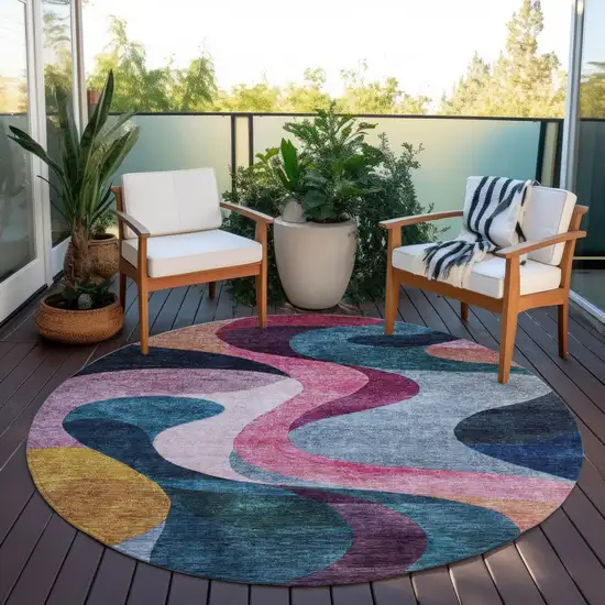 8' Green Pink And Teal Blue Round Abstract Washable Indoor Outdoor Area Rug Photo 8