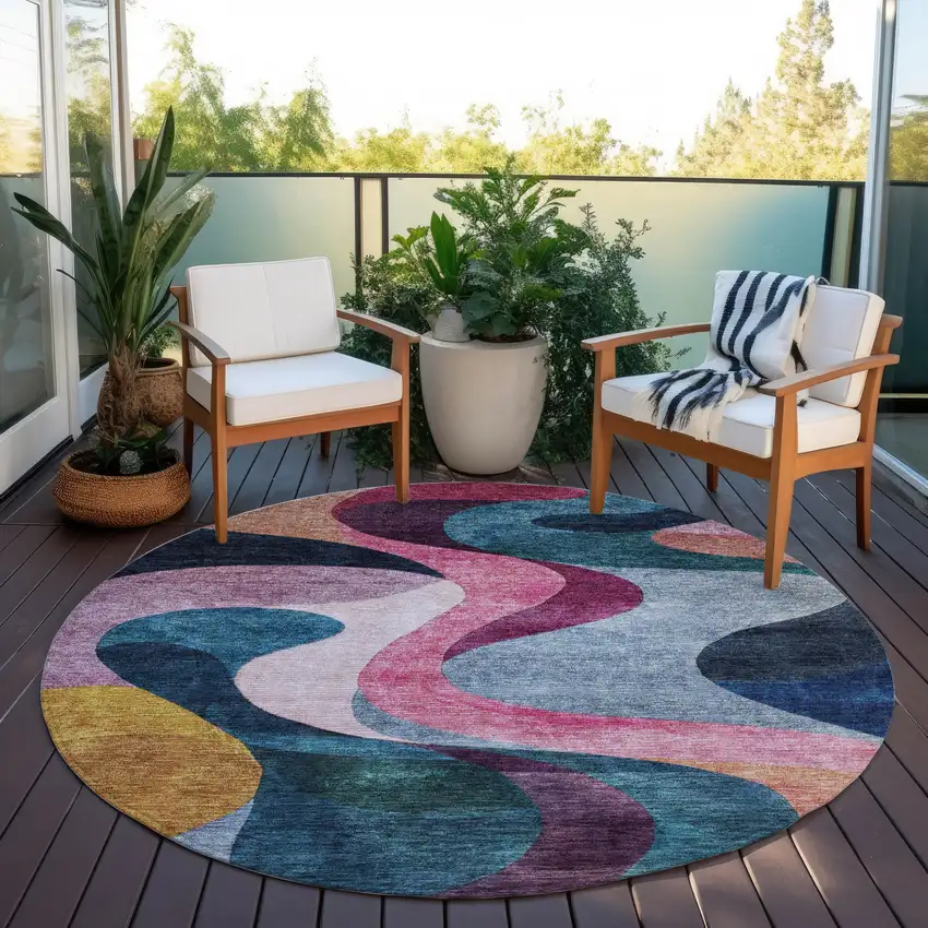 8' Green Pink And Teal Blue Round Abstract Washable Indoor Outdoor Area Rug Photo 8