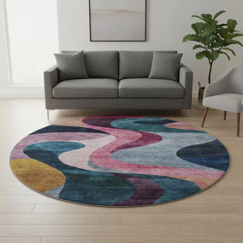 8' Green Pink Purple And Teal Abstract Washable Round Rug With UV Protection Photo 2