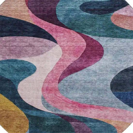 8' Green Pink Purple And Teal Abstract Washable Round Rug With UV Protection Photo 2