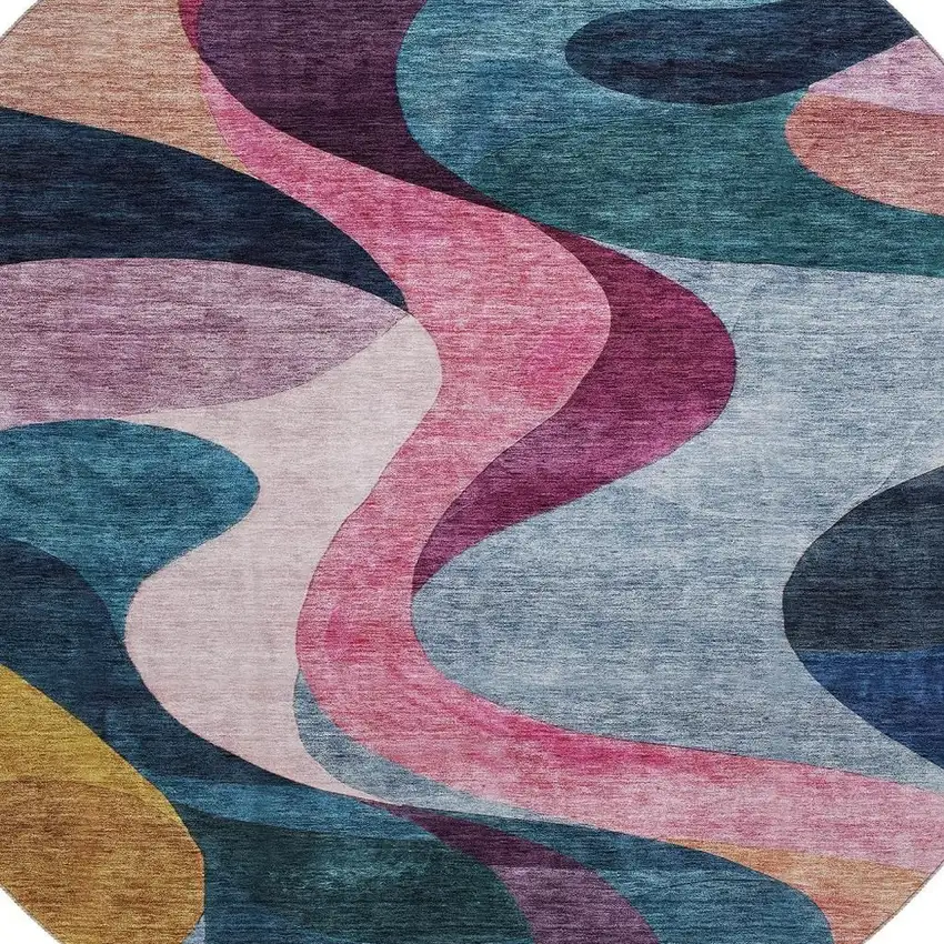 8' Green Pink Purple And Teal Abstract Washable Round Rug With UV Protection Photo 2