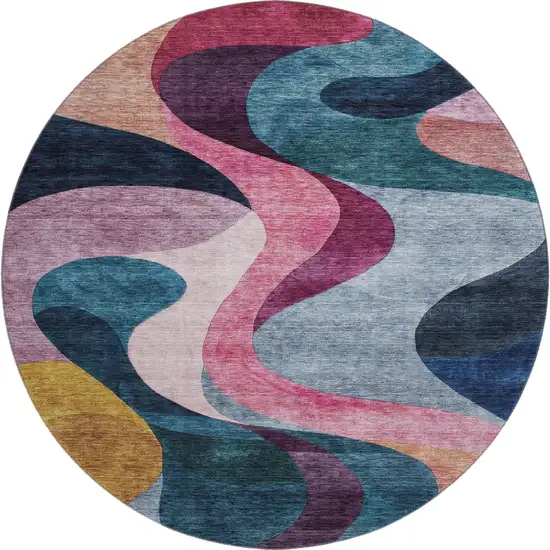 8' Green Pink Purple And Teal Abstract Washable Round Rug With UV Protection Photo 1
