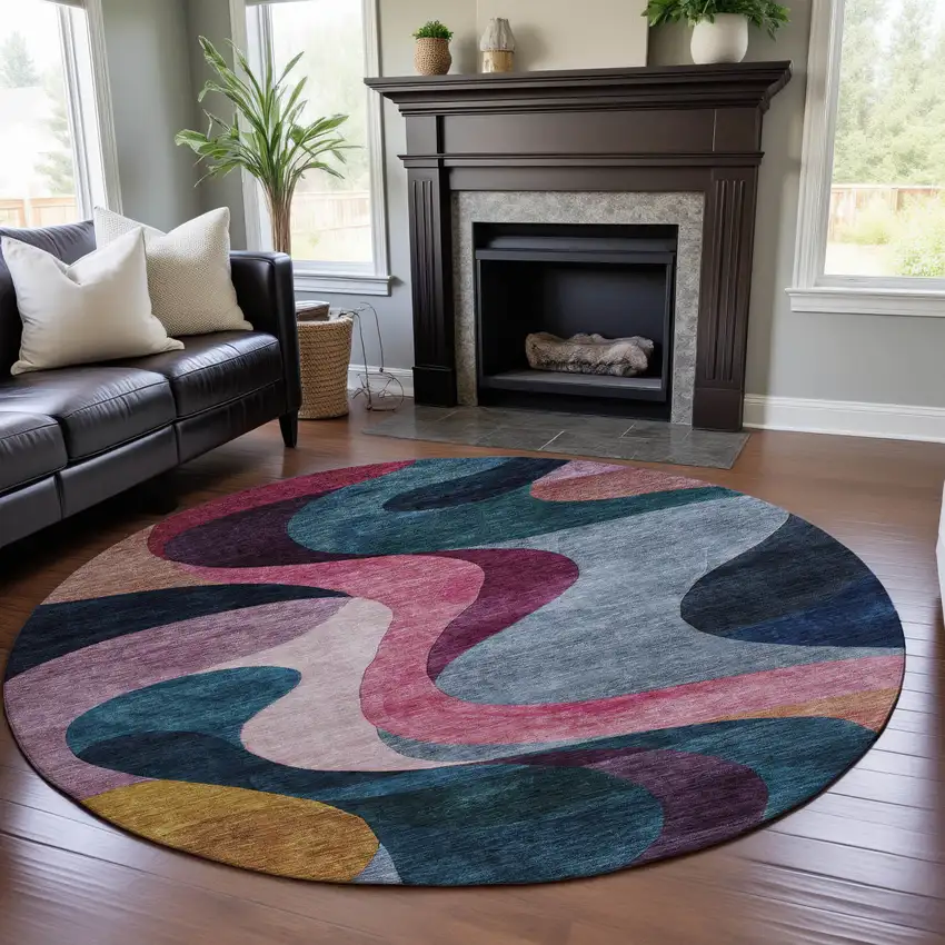 8' Green Pink Purple And Teal Abstract Washable Round Rug With UV Protection Photo 4