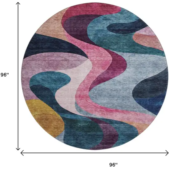 8' Green Pink Purple And Teal Abstract Washable Round Rug With UV Protection Photo 9