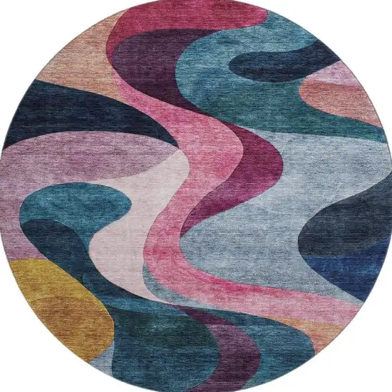 8' Green Pink Purple And Teal Abstract Washable Round Rug With UV Protection Photo 3