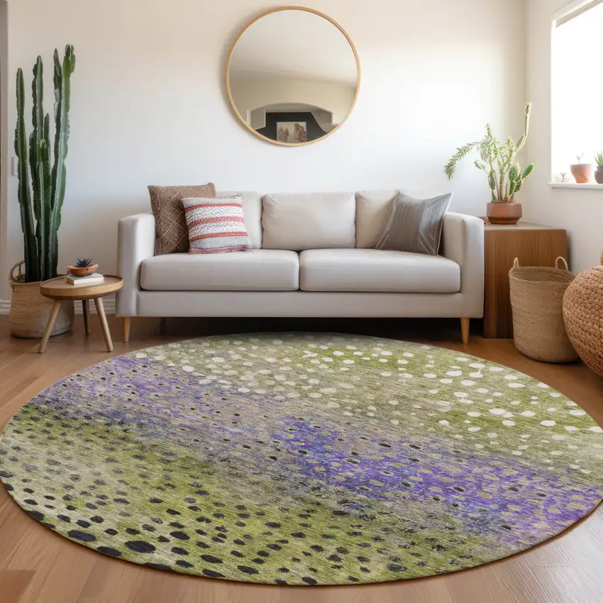 8' Green Purple And Black Round Abstract Washable Indoor Outdoor Area Rug Photo 8