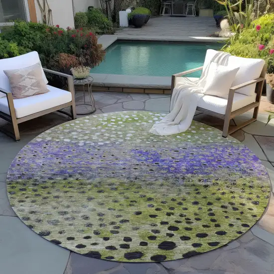 8' Green Purple And Black Round Abstract Washable Indoor Outdoor Area Rug Photo 7
