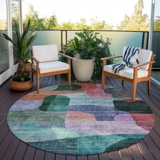 8' Green Purple And Blue Round Abstract Washable Indoor Outdoor Area Rug Photo 7
