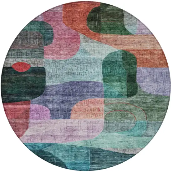 8' Green Purple And Blue Round Abstract Washable Indoor Outdoor Area Rug Photo 6