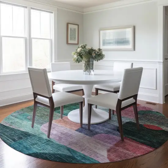 8' Green Purple And Blue Round Abstract Washable Indoor Outdoor Area Rug Photo 8